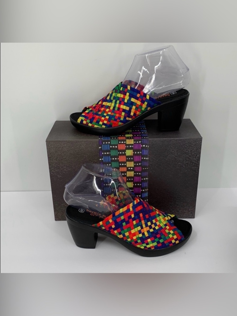 Bernie Mev basket weave slide mule shoe chunky sandal rainbow elastic new 38 8